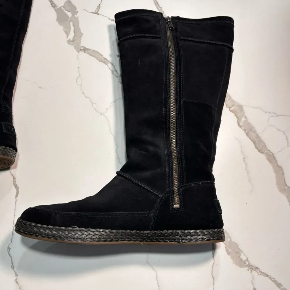 UGG Emerie Women’s Black Leather Suede Tall Moccasin Boots Zipper Tassels 10